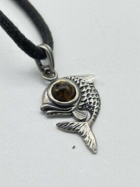 Black Cord Necklace with Silver Tone Fish Charm Large Faux Tiger Eye Eyeball